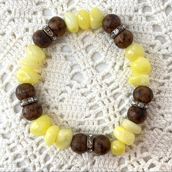 Stone Wood Rhinestone Beaded Bracelet Yellow Brown - Picture 2 of 2